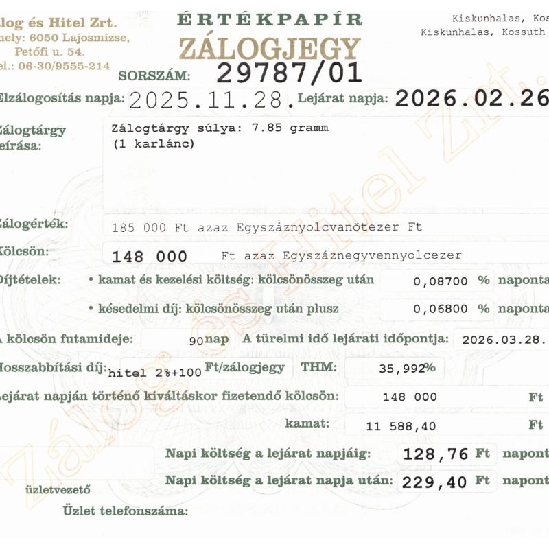 K-29787 sz. zálogjegy