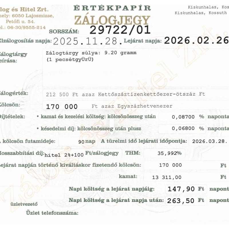 K-29722 sz. zálogjegy