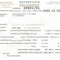 K-29651 sz. zálogjegy