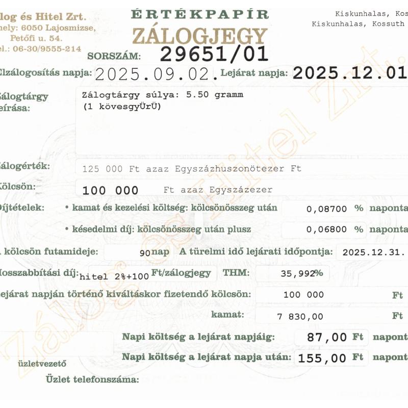 K-29651 sz. zálogjegy