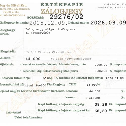 K-29276 sz. zálogjegy