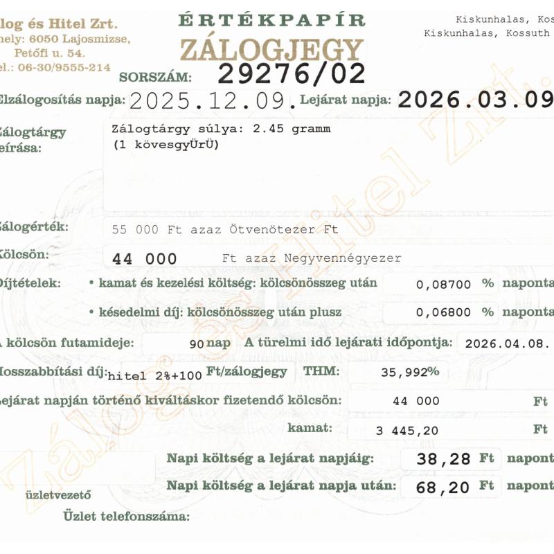 K-29276 sz. zálogjegy