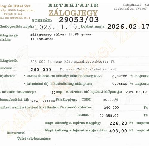 K-29053 sz. zálogjegy