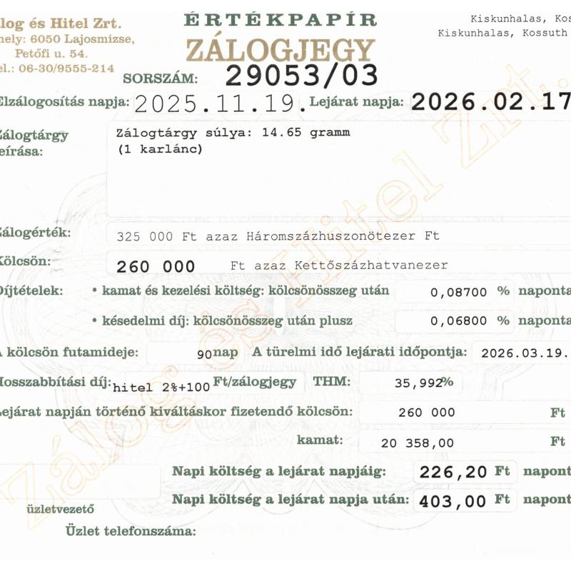 K-29053 sz. zálogjegy