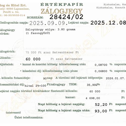 K-28424 sz. zálogjegy