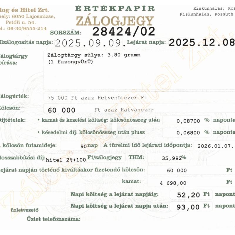K-28424 sz. zálogjegy