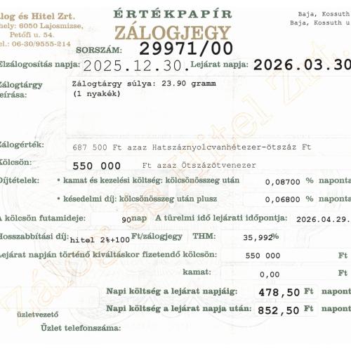 B-29971 sz. zálogjegy