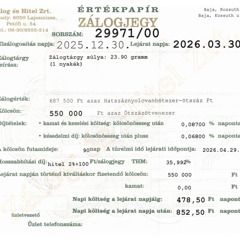 B-29971 sz. zálogjegy