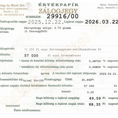 B-29916 sz. zálogjegy