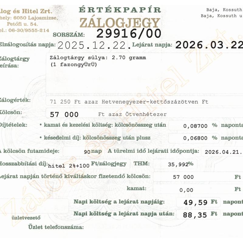 B-29916 sz. zálogjegy