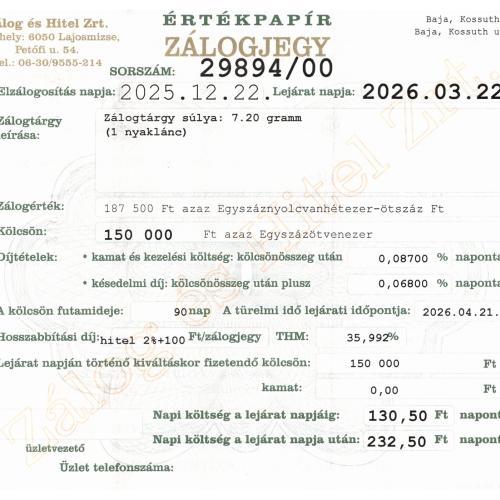B-29894 sz. zálogjegy