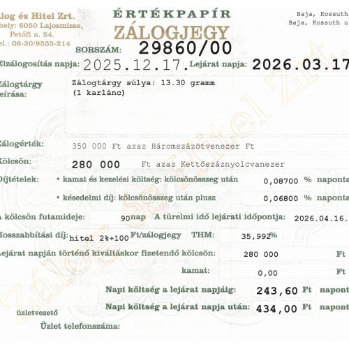 B-29860 sz. zálogjegy