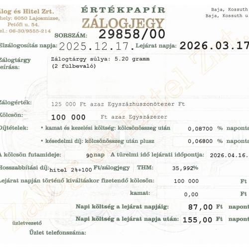 B-29858 sz. zálogjegy