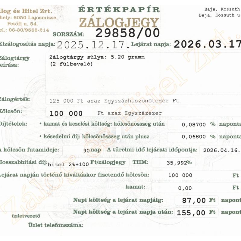 B-29858 sz. zálogjegy
