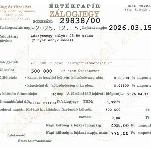 B-29838 sz. zálogjegy