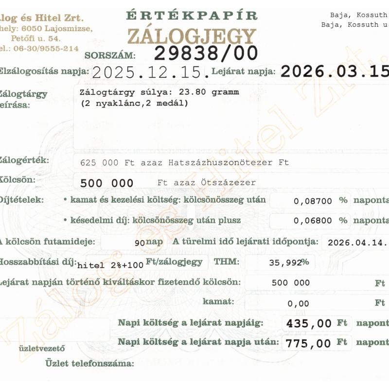 B-29838 sz. zálogjegy