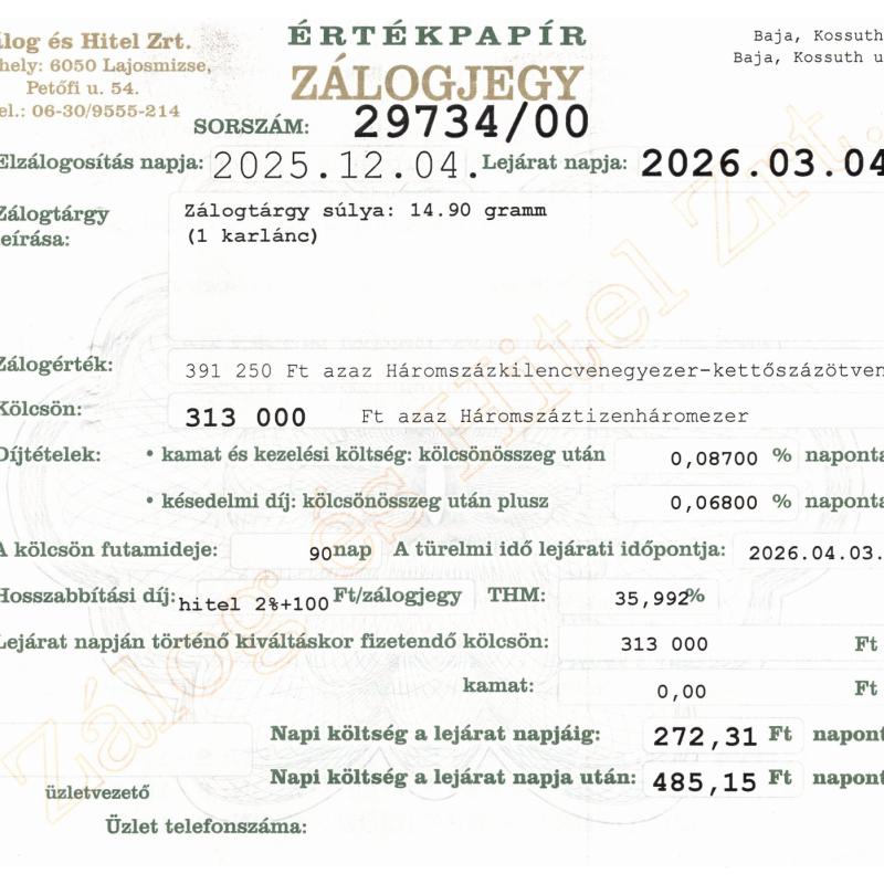 B-29734 sz. zálogjegy
