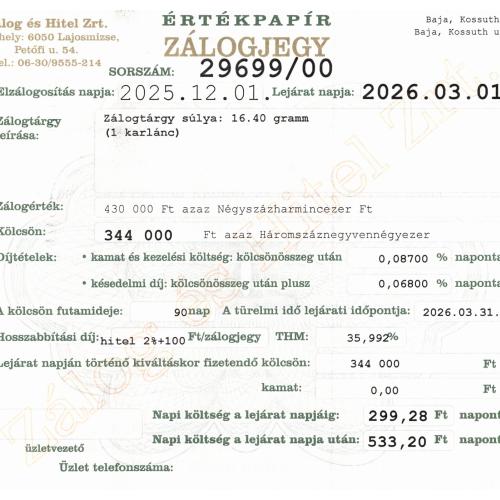 B-29699 sz. zálogjegy