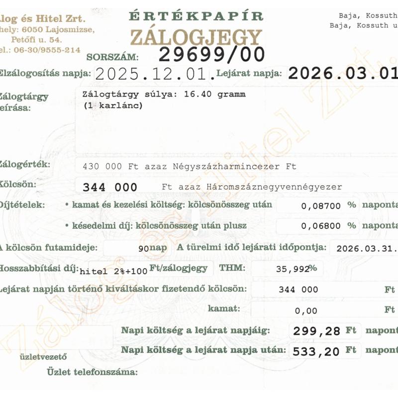 B-29699 sz. zálogjegy