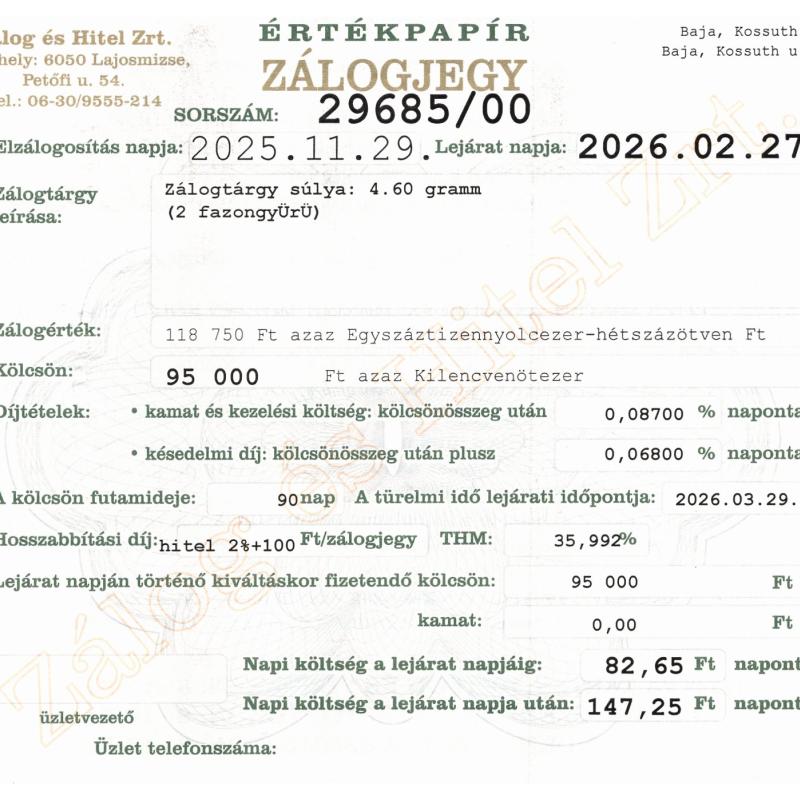 B-29685 sz. zálogjegy