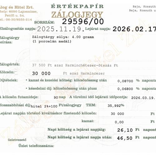 B-29596 sz. zálogjegy