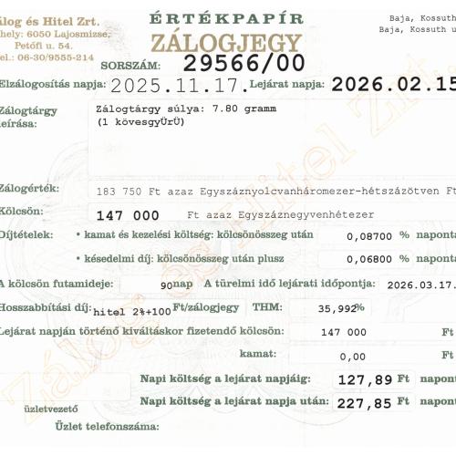 B-29566 sz. zálogjegy