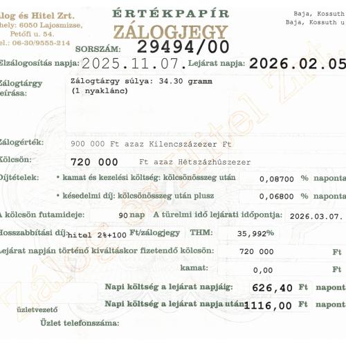 B-29494 sz. zálogjegy