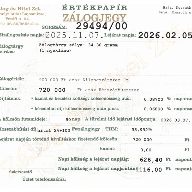 B-29494 sz. zálogjegy