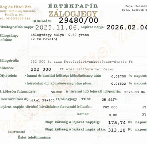 B-29480 sz. zálogjegy