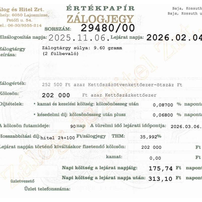 B-29480 sz. zálogjegy