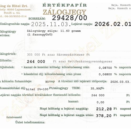 B-29428 sz. zálogjegy