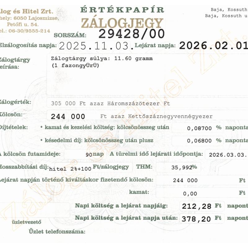B-29428 sz. zálogjegy
