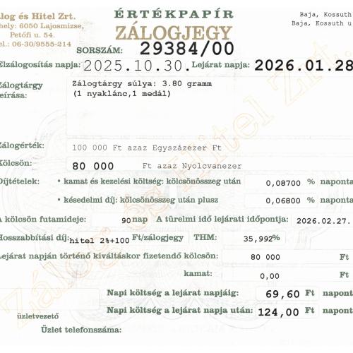 B-29384 sz. zálogjegy