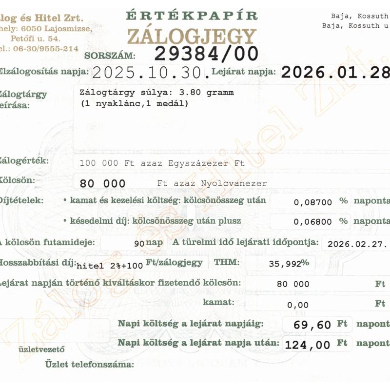 B-29384 sz. zálogjegy