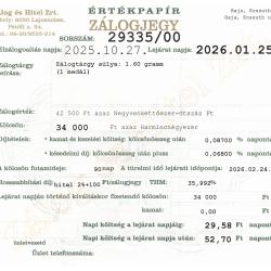 B-29335 sz. zálogjegy