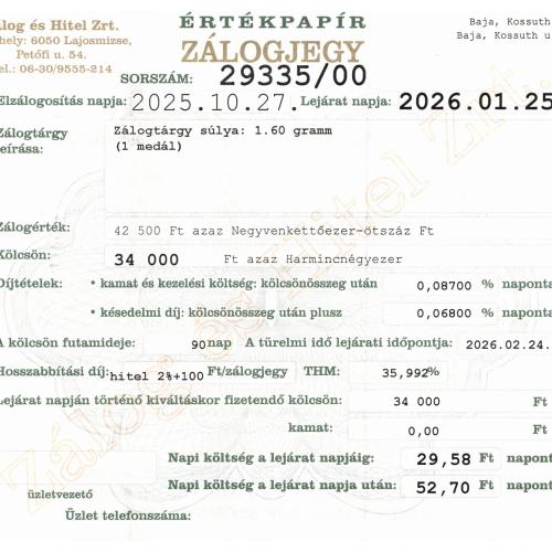 B-29335 sz. zálogjegy