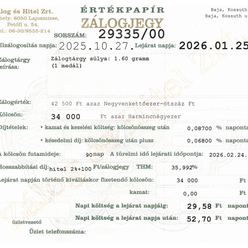 B-29335 sz. zálogjegy