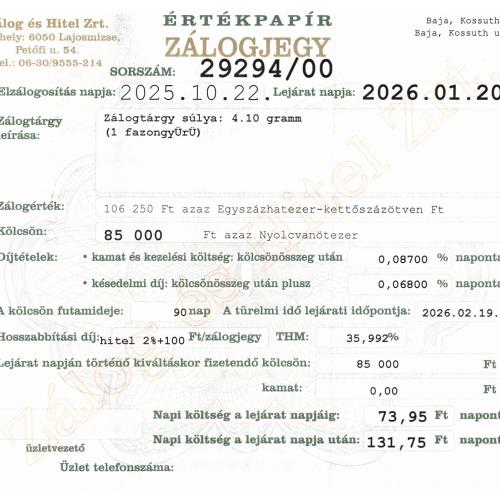 B-29294 sz. zálogjegy