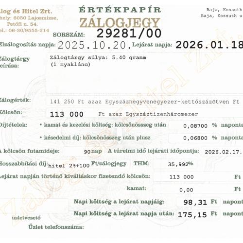 B-29281 sz. zálogjegy