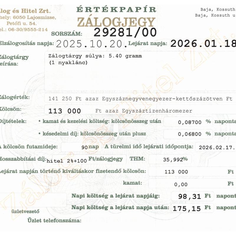 B-29281 sz. zálogjegy