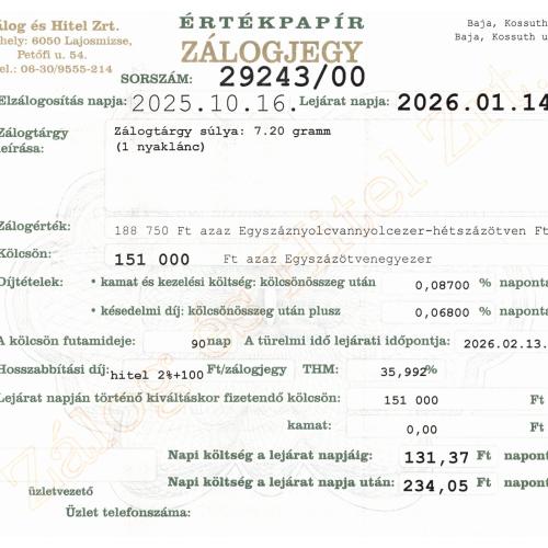 B-29243 sz. zálogjegy