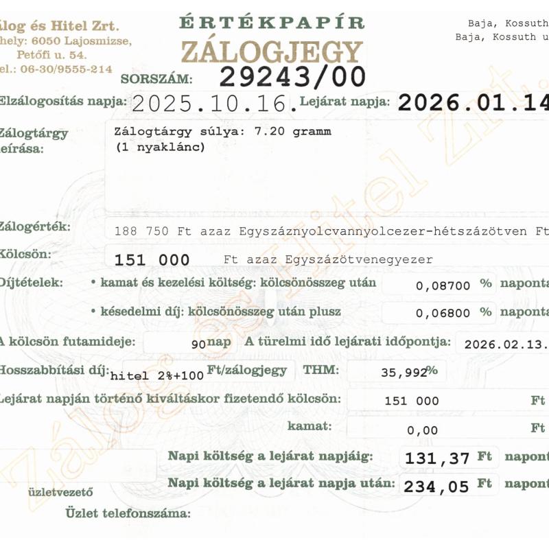 B-29243 sz. zálogjegy