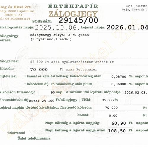 B-29145 sz. zálogjegy