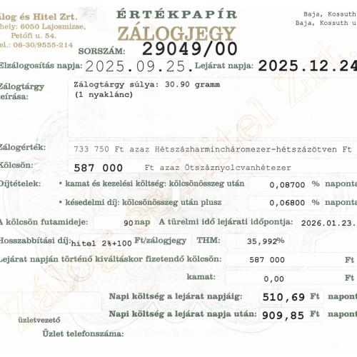 B-29049 sz. zálogjegy