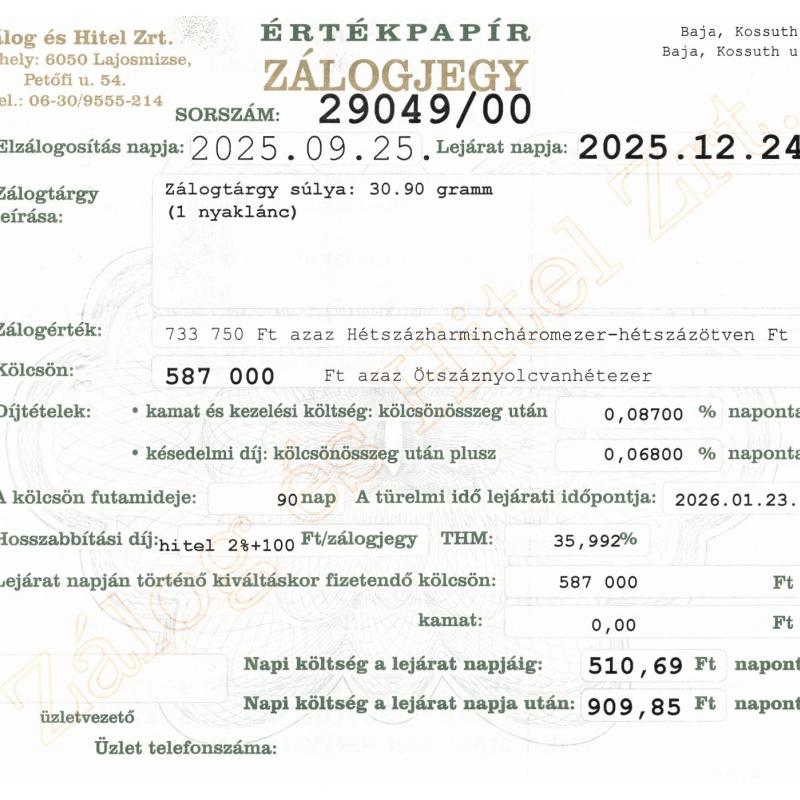 B-29049 sz. zálogjegy