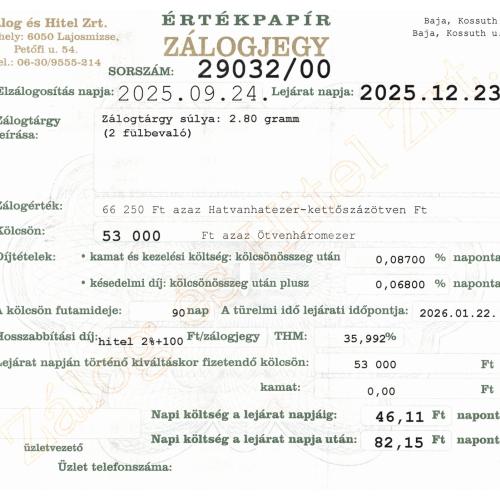 B-29032 sz. zálogjegy