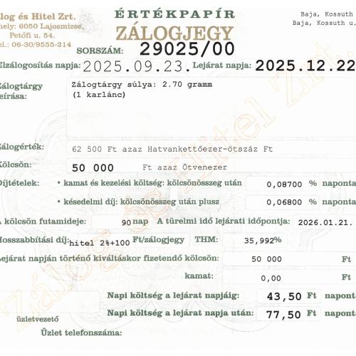 B-29025 sz. zálogjegy