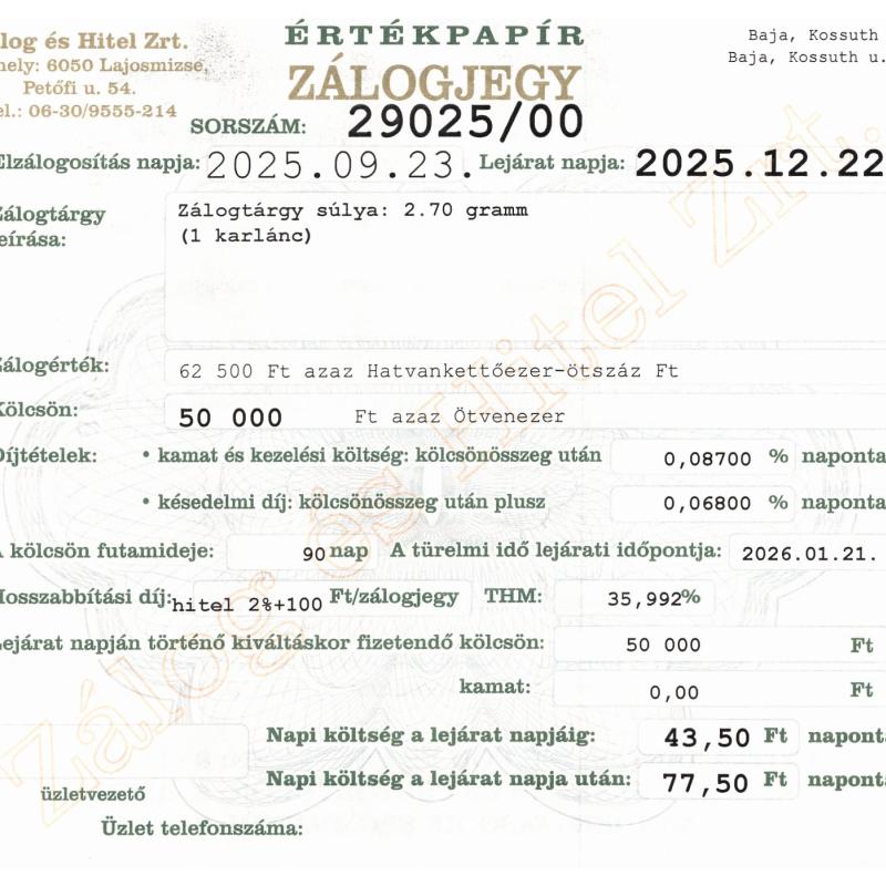 B-29025 sz. zálogjegy