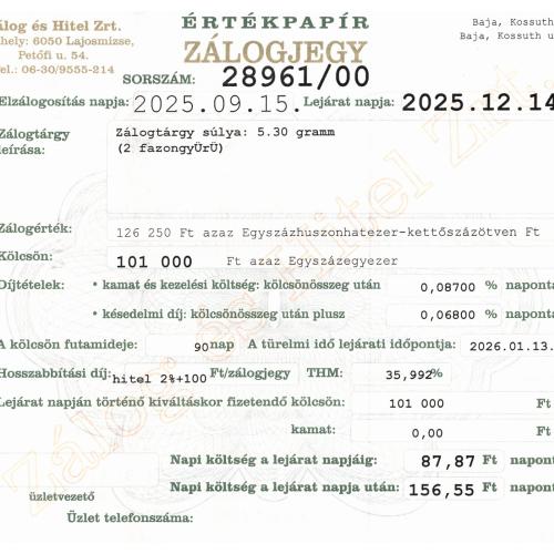 B-28961 sz. zálogjegy