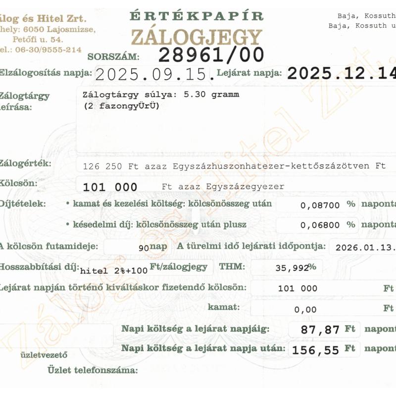 B-28961 sz. zálogjegy